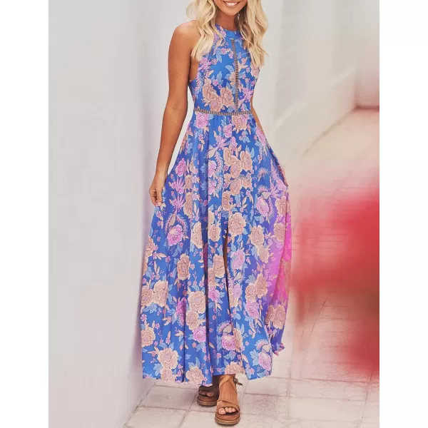 imageZESICA Womens 2024 Summer Halter Neck Floral Print Backless Split Beach Party Maxi DressBluishviolet