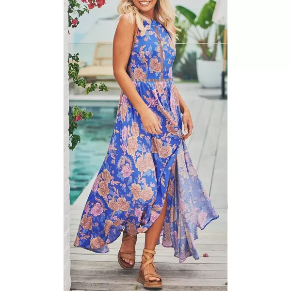 imageZESICA Womens 2024 Summer Halter Neck Floral Print Backless Split Beach Party Maxi DressBluishviolet