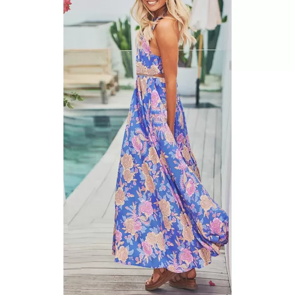 imageZESICA Womens 2024 Summer Halter Neck Floral Print Backless Split Beach Party Maxi DressBluishviolet