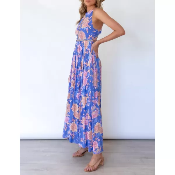 imageZESICA Womens 2024 Summer Halter Neck Floral Print Backless Split Beach Party Maxi DressBluishviolet