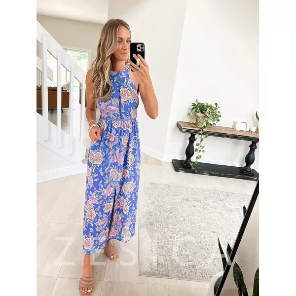 imageZESICA Womens 2024 Summer Halter Neck Floral Print Backless Split Beach Party Maxi DressBluishviolet