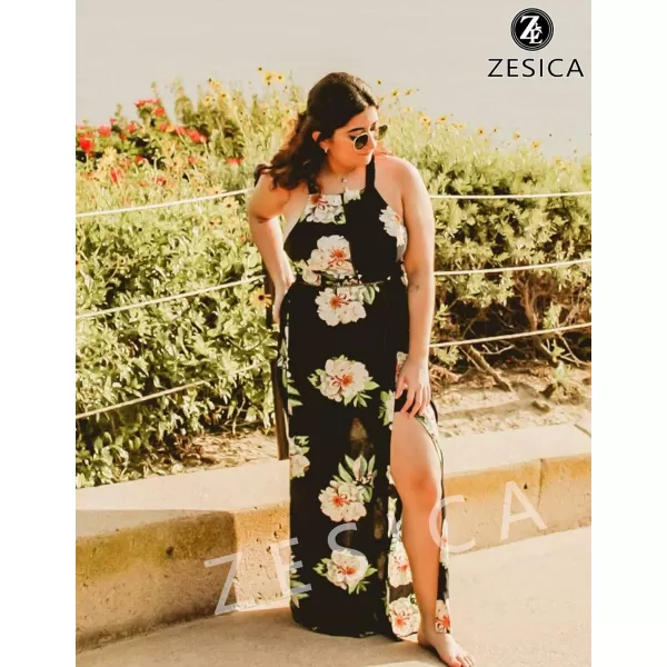 imageZESICA Womens 2024 Summer Halter Neck Floral Print Backless Split Beach Party Maxi DressDark Blue