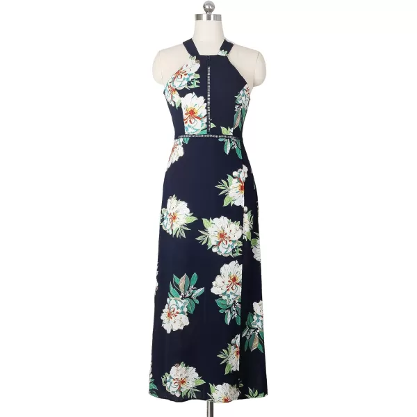 imageZESICA Womens 2024 Summer Halter Neck Floral Print Backless Split Beach Party Maxi DressDark Blue