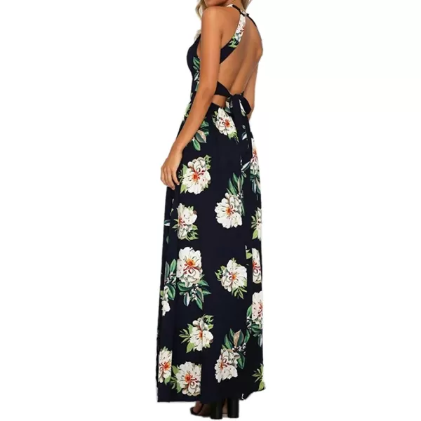 imageZESICA Womens 2024 Summer Halter Neck Floral Print Backless Split Beach Party Maxi DressDark Blue