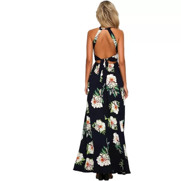 imageZESICA Womens 2024 Summer Halter Neck Floral Print Backless Split Beach Party Maxi DressDark Blue