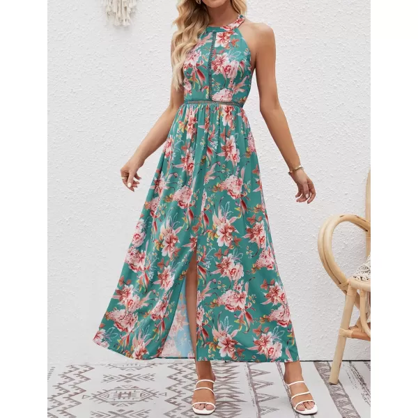 imageZESICA Womens 2024 Summer Halter Neck Floral Print Backless Split Beach Party Maxi DressGreen