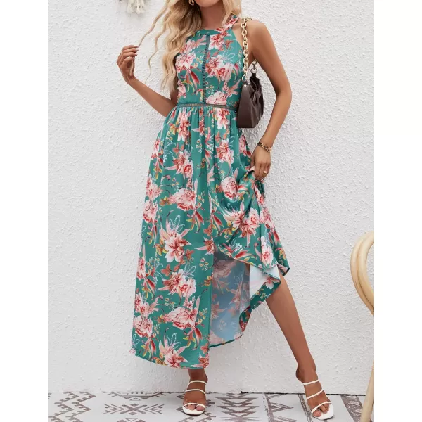 imageZESICA Womens 2024 Summer Halter Neck Floral Print Backless Split Beach Party Maxi DressGreen