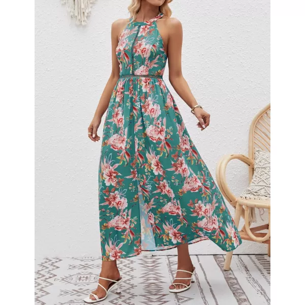 imageZESICA Womens 2024 Summer Halter Neck Floral Print Backless Split Beach Party Maxi DressGreen