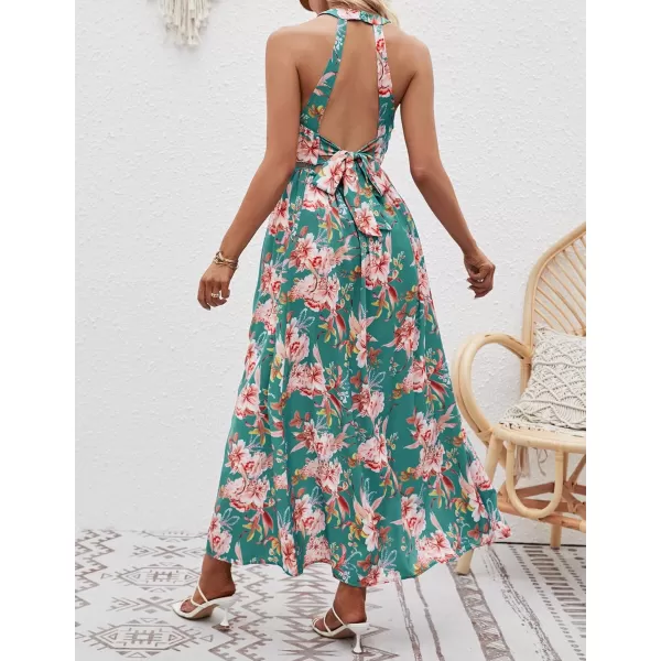 imageZESICA Womens 2024 Summer Halter Neck Floral Print Backless Split Beach Party Maxi DressGreen