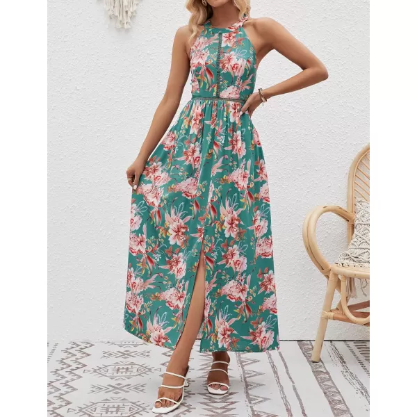 imageZESICA Womens 2024 Summer Halter Neck Floral Print Backless Split Beach Party Maxi DressGreen