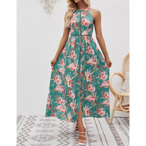 imageZESICA Womens 2024 Summer Halter Neck Floral Print Backless Split Beach Party Maxi DressGreen