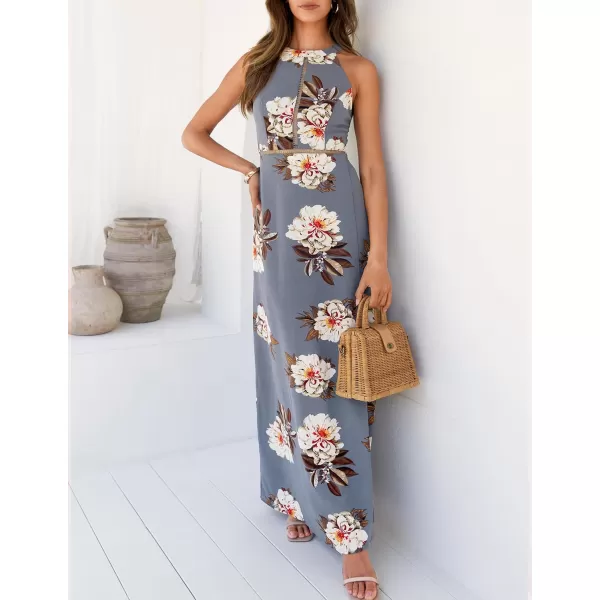 imageZESICA Womens 2024 Summer Halter Neck Floral Print Backless Split Beach Party Maxi DressGrey