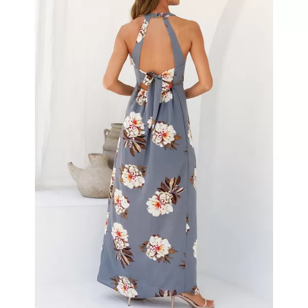 imageZESICA Womens 2024 Summer Halter Neck Floral Print Backless Split Beach Party Maxi DressGrey