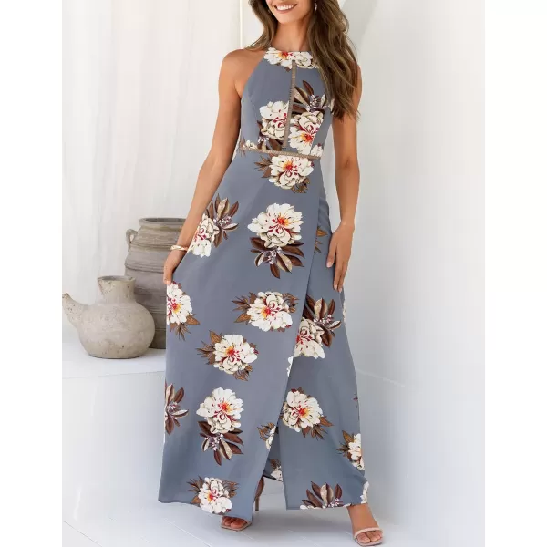 imageZESICA Womens 2024 Summer Halter Neck Floral Print Backless Split Beach Party Maxi DressGrey