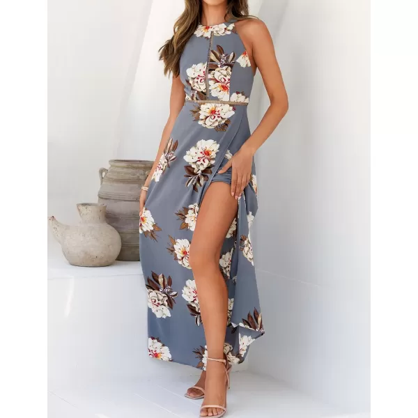 imageZESICA Womens 2024 Summer Halter Neck Floral Print Backless Split Beach Party Maxi DressGrey