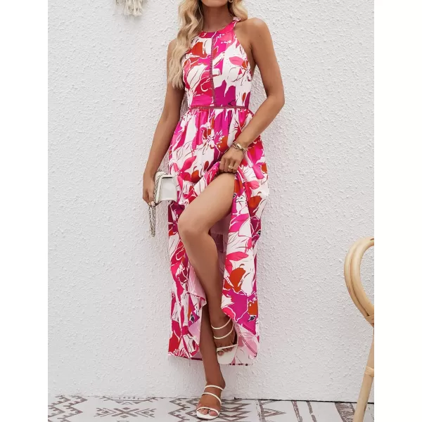 imageZESICA Womens 2024 Summer Halter Neck Floral Print Backless Split Beach Party Maxi DressRose