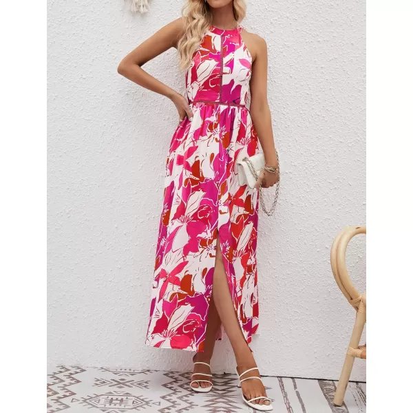 imageZESICA Womens 2024 Summer Halter Neck Floral Print Backless Split Beach Party Maxi DressRose