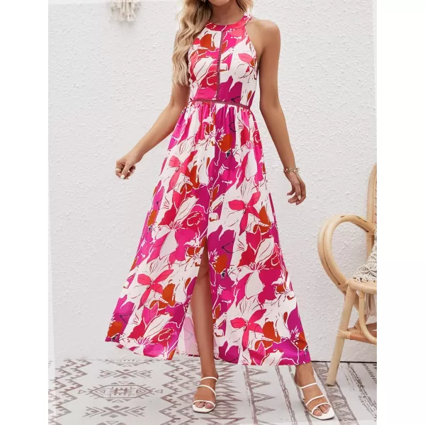 imageZESICA Womens 2024 Summer Halter Neck Floral Print Backless Split Beach Party Maxi DressRose