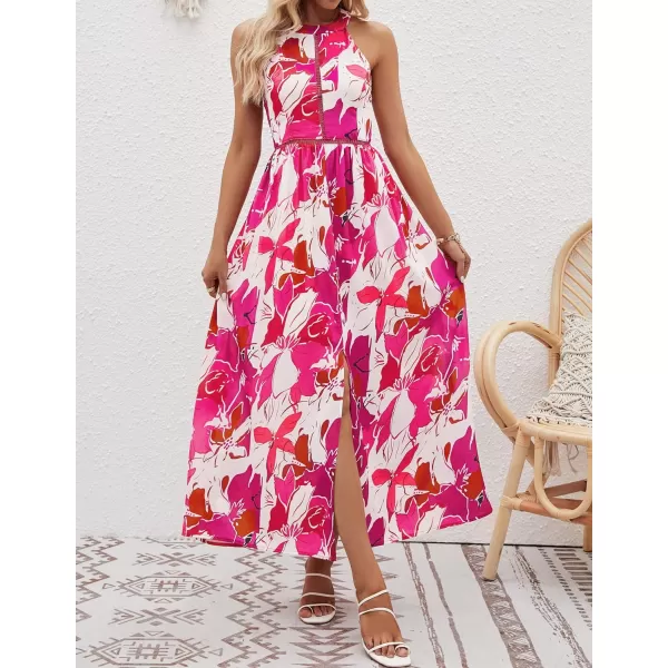 imageZESICA Womens 2024 Summer Halter Neck Floral Print Backless Split Beach Party Maxi DressRose