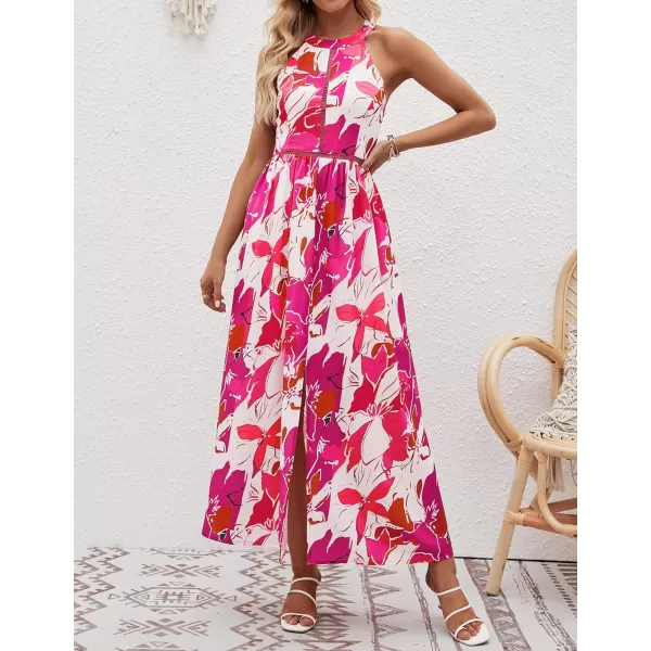 imageZESICA Womens 2024 Summer Halter Neck Floral Print Backless Split Beach Party Maxi DressRose
