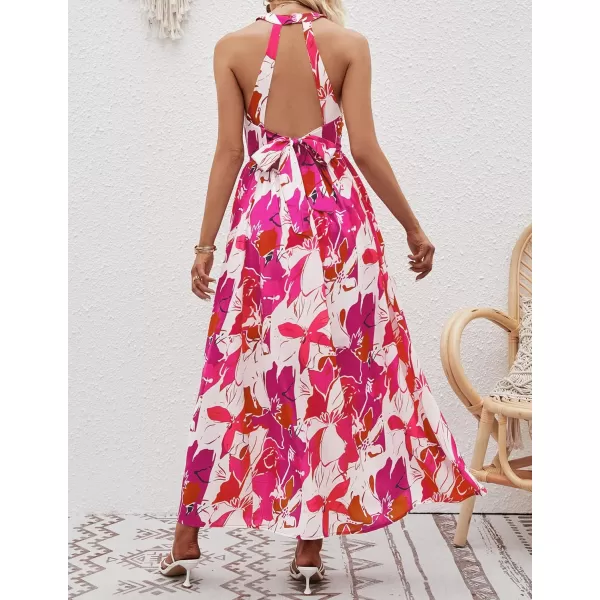 imageZESICA Womens 2024 Summer Halter Neck Floral Print Backless Split Beach Party Maxi DressRose