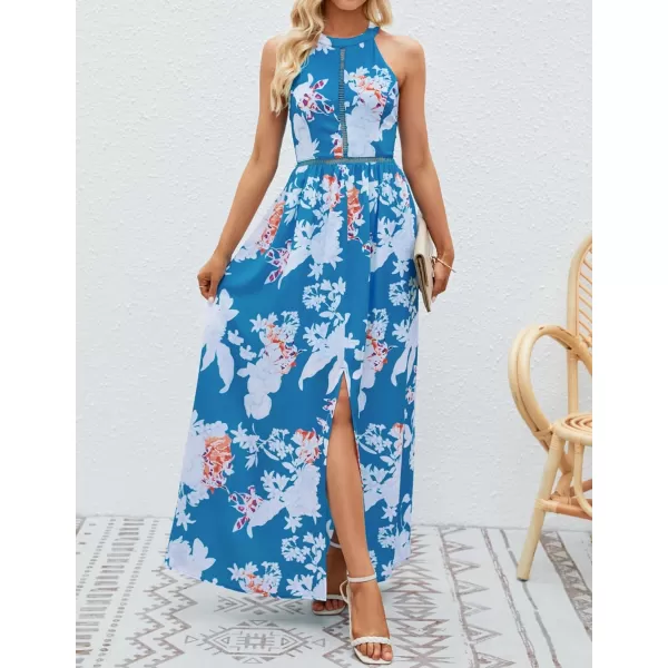 imageZESICA Womens 2024 Summer Halter Neck Floral Print Backless Split Beach Party Maxi DressTeal