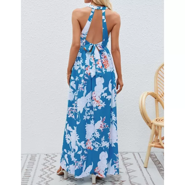 imageZESICA Womens 2024 Summer Halter Neck Floral Print Backless Split Beach Party Maxi DressTeal