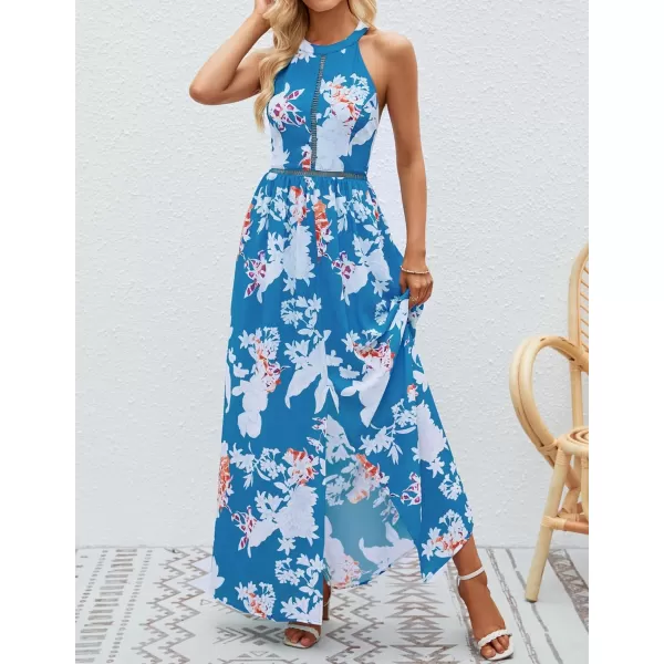 imageZESICA Womens 2024 Summer Halter Neck Floral Print Backless Split Beach Party Maxi DressTeal