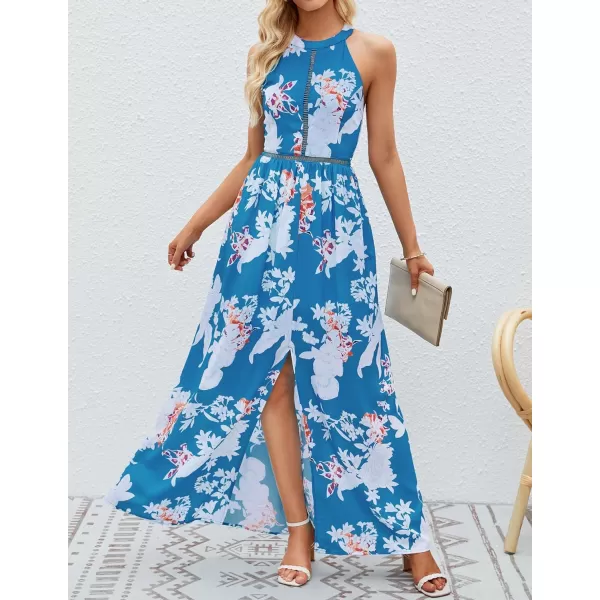 imageZESICA Womens 2024 Summer Halter Neck Floral Print Backless Split Beach Party Maxi DressTeal