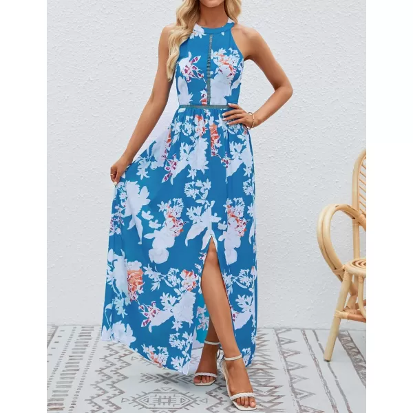 imageZESICA Womens 2024 Summer Halter Neck Floral Print Backless Split Beach Party Maxi DressTeal
