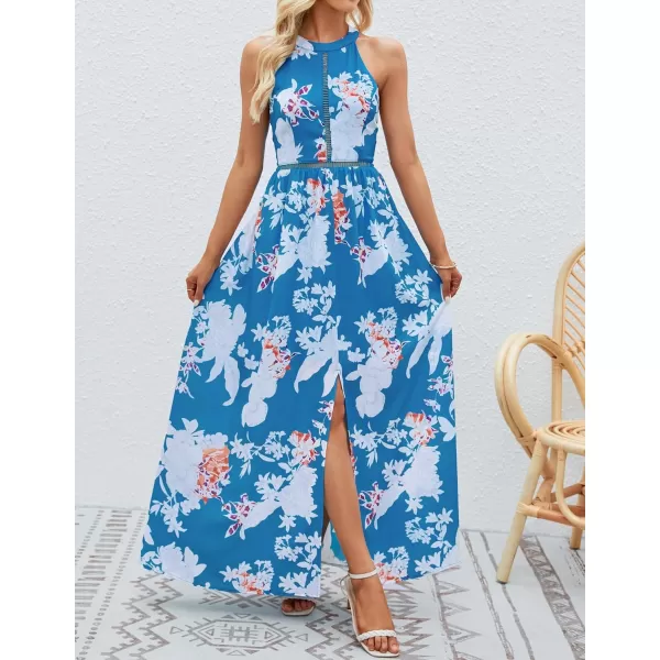 imageZESICA Womens 2024 Summer Halter Neck Floral Print Backless Split Beach Party Maxi DressTeal