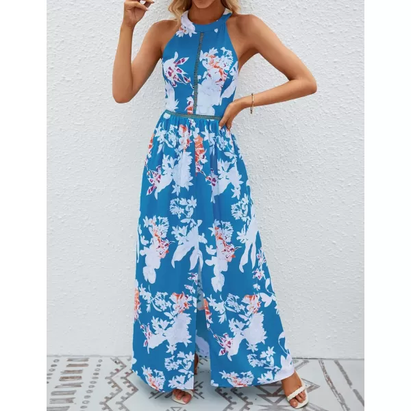 imageZESICA Womens 2024 Summer Halter Neck Floral Print Backless Split Beach Party Maxi DressTeal