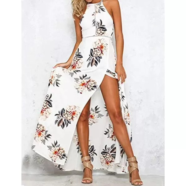 imageZESICA Womens 2024 Summer Halter Neck Floral Print Backless Split Beach Party Maxi DressWhite