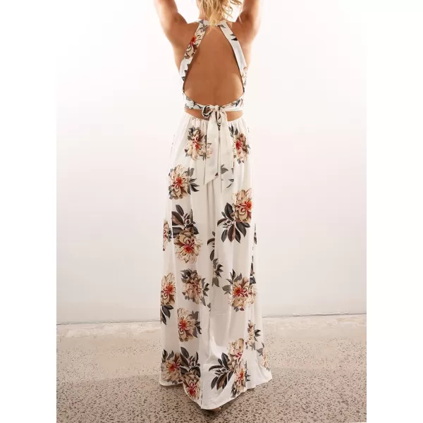 imageZESICA Womens 2024 Summer Halter Neck Floral Print Backless Split Beach Party Maxi DressWhite