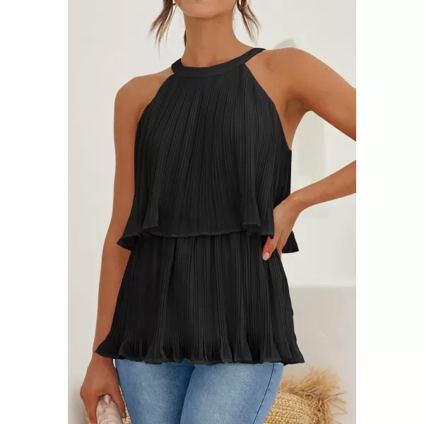 imageZESICA Womens 2024 Summer Halter Tank Tops Casual Sleeveless Ruffle Tiered Layered Chiffon Flowy Blouse ShirtsBlack