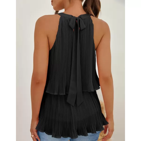 imageZESICA Womens 2024 Summer Halter Tank Tops Casual Sleeveless Ruffle Tiered Layered Chiffon Flowy Blouse ShirtsBlack