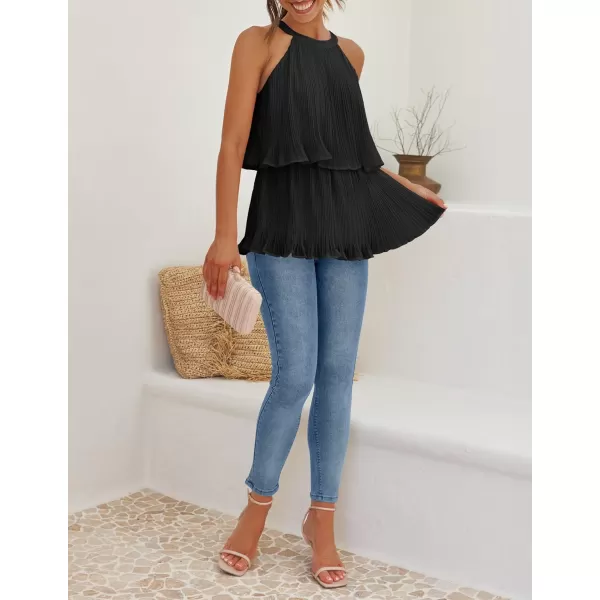 imageZESICA Womens 2024 Summer Halter Tank Tops Casual Sleeveless Ruffle Tiered Layered Chiffon Flowy Blouse ShirtsBlack