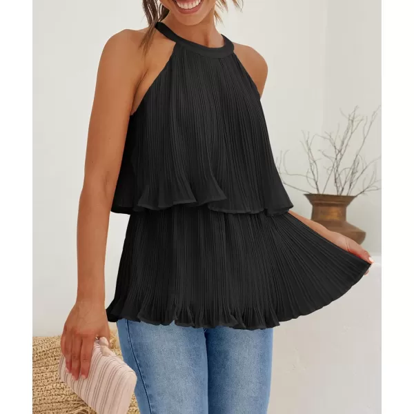 imageZESICA Womens 2024 Summer Halter Tank Tops Casual Sleeveless Ruffle Tiered Layered Chiffon Flowy Blouse ShirtsBlack