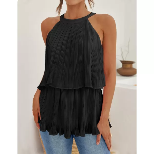 imageZESICA Womens 2024 Summer Halter Tank Tops Casual Sleeveless Ruffle Tiered Layered Chiffon Flowy Blouse ShirtsBlack