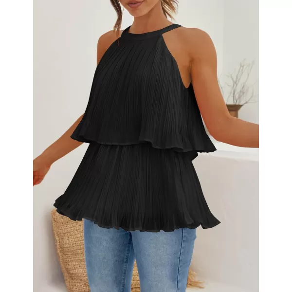 imageZESICA Womens 2024 Summer Halter Tank Tops Casual Sleeveless Ruffle Tiered Layered Chiffon Flowy Blouse ShirtsBlack