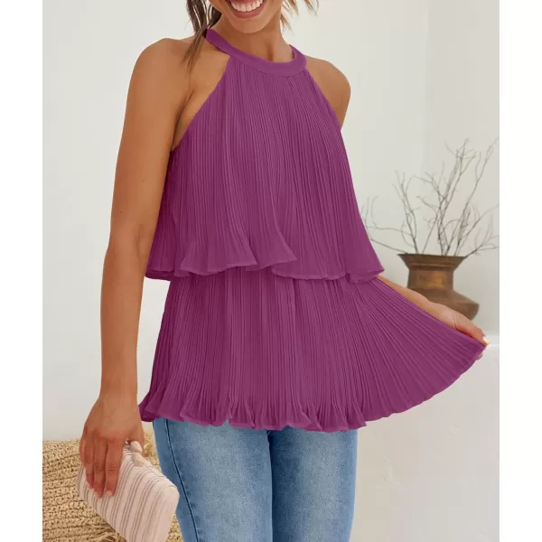 imageZESICA Womens 2024 Summer Halter Tank Tops Casual Sleeveless Ruffle Tiered Layered Chiffon Flowy Blouse ShirtsEggplant