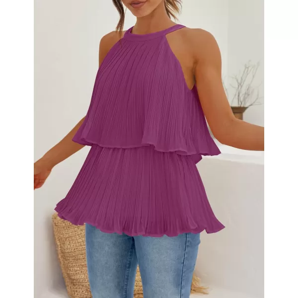 imageZESICA Womens 2024 Summer Halter Tank Tops Casual Sleeveless Ruffle Tiered Layered Chiffon Flowy Blouse ShirtsEggplant
