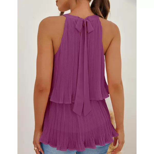 imageZESICA Womens 2024 Summer Halter Tank Tops Casual Sleeveless Ruffle Tiered Layered Chiffon Flowy Blouse ShirtsEggplant