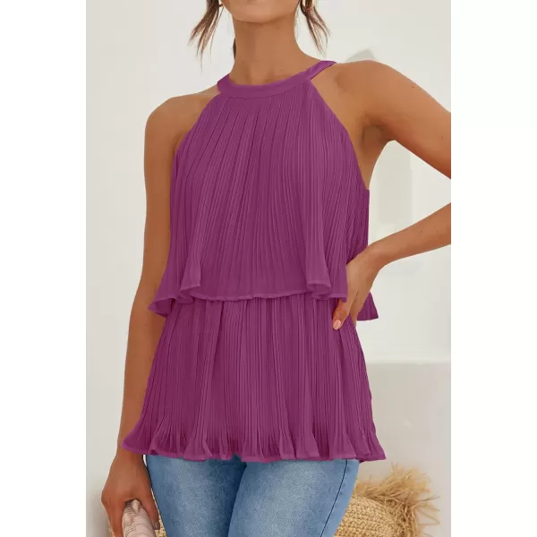 imageZESICA Womens 2024 Summer Halter Tank Tops Casual Sleeveless Ruffle Tiered Layered Chiffon Flowy Blouse ShirtsEggplant