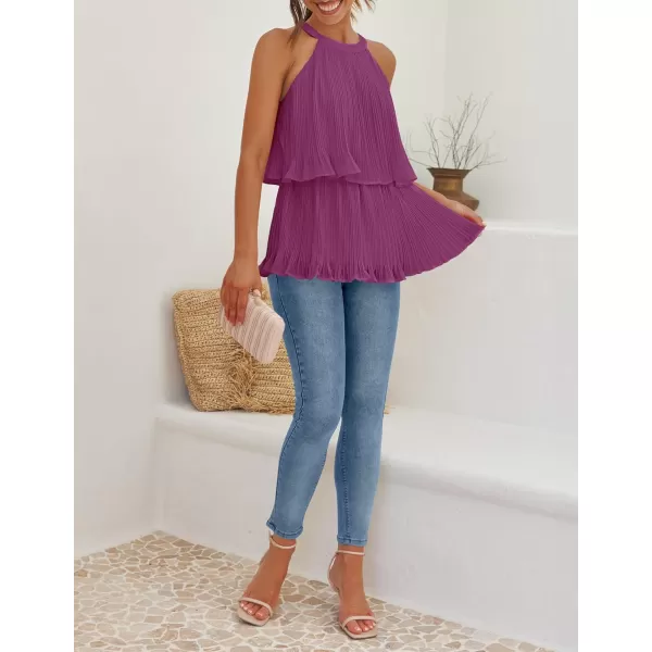 imageZESICA Womens 2024 Summer Halter Tank Tops Casual Sleeveless Ruffle Tiered Layered Chiffon Flowy Blouse ShirtsEggplant