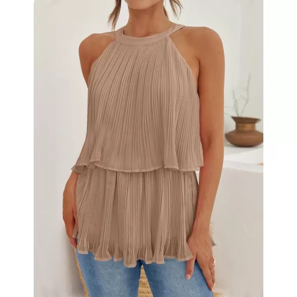 imageZESICA Womens 2024 Summer Halter Tank Tops Casual Sleeveless Ruffle Tiered Layered Chiffon Flowy Blouse ShirtsKhaki