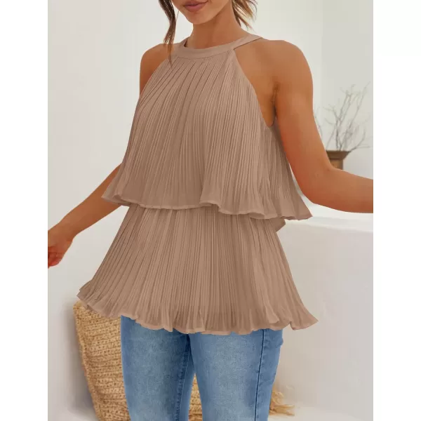 imageZESICA Womens 2024 Summer Halter Tank Tops Casual Sleeveless Ruffle Tiered Layered Chiffon Flowy Blouse ShirtsKhaki