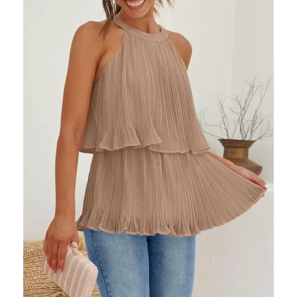 imageZESICA Womens 2024 Summer Halter Tank Tops Casual Sleeveless Ruffle Tiered Layered Chiffon Flowy Blouse ShirtsKhaki