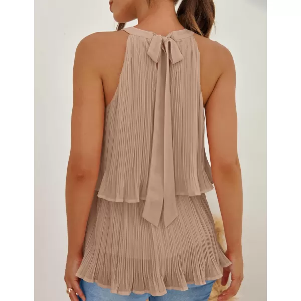 imageZESICA Womens 2024 Summer Halter Tank Tops Casual Sleeveless Ruffle Tiered Layered Chiffon Flowy Blouse ShirtsKhaki