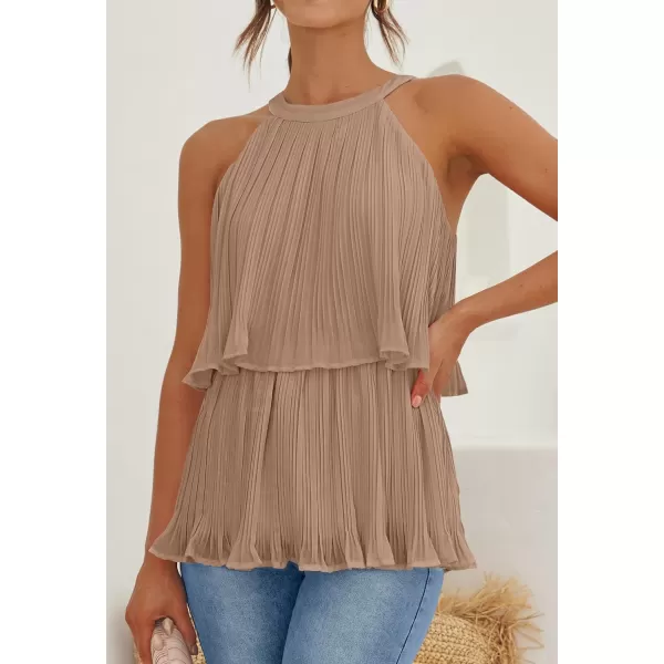 imageZESICA Womens 2024 Summer Halter Tank Tops Casual Sleeveless Ruffle Tiered Layered Chiffon Flowy Blouse ShirtsKhaki